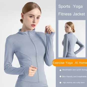 Женская спортивная куртка для спортзала, рубашка для йоги на молнии со стоячим воротником, весенне-осенние куртки для фитнеса и бега, тренировочная одежда для велоспорта 8