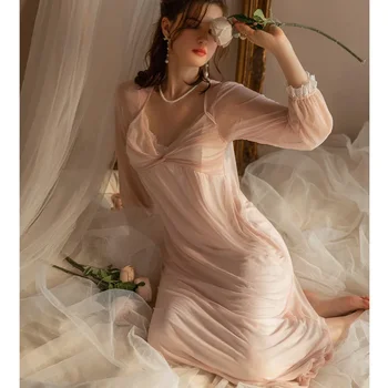 Сексуальная ночная рубашка женская с длинными рукавами длинная кружевная розовая пижама в стиле принцессы с подушечками на груди новый стиль pure desire тонкий свободный 1