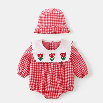 Осенние боди для новорожденных девочек + шапка из хлопка в клетку с цветочной вышивкой и длинными рукавами, комбинезон для маленьких девочек, детская одежда