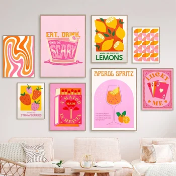 Розовая Клубнично-Лимонная открытка, плакаты с коктейлями и напитками, ретро-картина на холсте, настенное изображение в гостиной, коридоре, декор кухни и бара 11