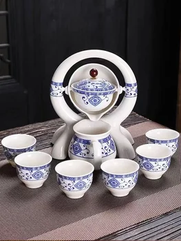 Сине-белый чайный набор кунг-фу, полностью автоматический инструмент для приготовления чая, подставка для защиты от ожогов, чайник в форме дракона 24