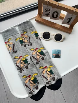 CHAOZHU 1 пара серых забавных мужских носков с рисунком милого лося, длинные носки для экипажа, модные жаккардовые 4