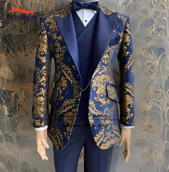 Темно-синий мужской костюм, Свадебный смокинг, жакет с вышивкой, Брюки, жилет, галстук-бабочка, комплект из 4 предметов, официальный наряд для вечеринки