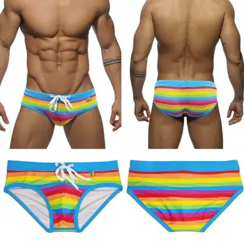 Мужские купальники, сексуальные плавки с U-выпуклой чашкой, плавательные трусы-бикини с радужным полосатым принтом, боксеры, летняя пляжная одежда для серфинга 11