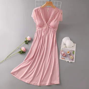 FZSLCYIYI Сексуальная кружевная аппликация Женская ночная рубашка Модная атласная шелковая пижама Ночная рубашка Ночное длинное платье 8