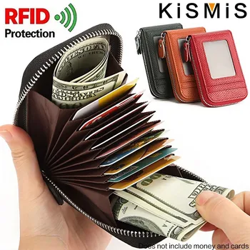 KISMIS, мужской кошелек, держатель для кредитных карт, 1 шт., Натуральная кожа, RFID-блокировка, карман на молнии, Тонкий