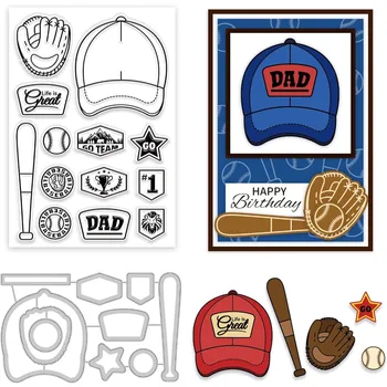 Бейсбольная тематика, прозрачные штампы и высечки, бейсбольная кепка, перчатки, бита, силиконовые штампы и металлическая матрица для изготовления открыток 15
