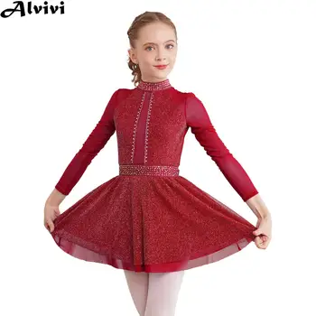 Платье для фигурного катания для девочек, Лирический Танцевальный Балетный костюм для гимнастики, платье-трико из блестящей сетки с длинным рукавом, танцевальная одежда 6
