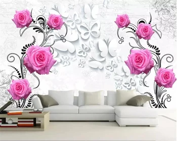 Пользовательские обои розовая роза стерео бабочка 3D ТВ фон стены украшение дома гостиная спальня 3D обои 19