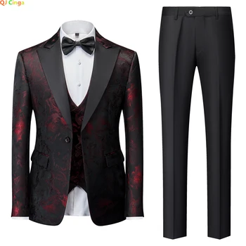 Новый мужской костюм-тройка из красной жаккардовой ткани, пиджак с брюками, жилет, блейзер для свадебной вечеринки, пальто, брюки, мужские комплекты 2