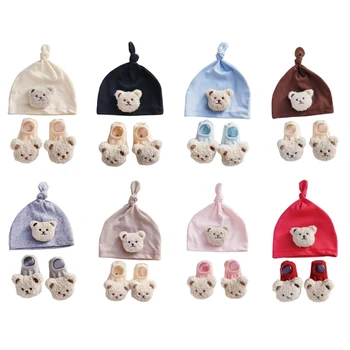 Комплект вязаных шапочек и носков, эластичная шапочка для новорожденных с мультяшным мишкой, дизайнерские гольфы для новорожденных от 0 до 1 года 24