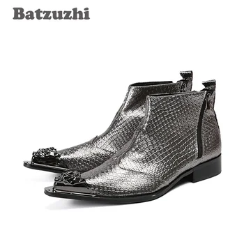 Мужские ботинки ручной работы Batzuzhi в японском стиле с металлическим острым носком, серые мужские ботинки из натуральной кожи, ботильоны, свадебные Botas Hombre! 18