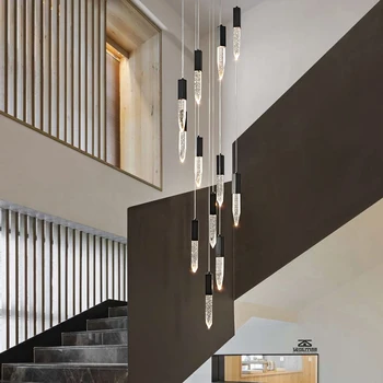 Современная потолочная люстра в стиле лофт, роскошный дизайн, гостиная, светодиодная лампа с пузырьковым кристаллом, Лестница в высоком холле, черный подвесной светильник 9
