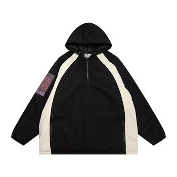 Panda Color CVAEMPT Куртка Мужская Женская 1:1 В стиле Пэчворк в стиле Ретро С Утолщенным Хлопковым Карманом На молнии, Повседневная Пуховка, Черное Пальто C.E С капюшоном