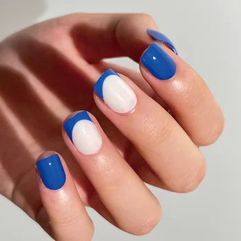 Геометрическая сине-белая линия, глянцевый сплошной цвет, милые короткие накладные ногти, съемные готовые накладные ногти, клей для ногтей, набор для женщин-стилистов 13