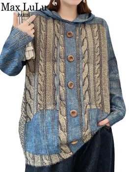 Бренд Max LuLu, Зимний Модный Британский пуловер, Женские Роскошные Свободные свитера в полоску с капюшоном, Женские винтажные теплые джемперы для отдыха 16