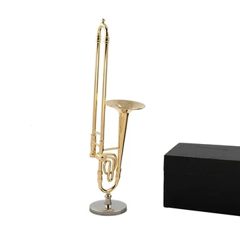 Миниатюрная модель тромбона из чистой меди с подставкой Мини музыкальный инструмент 1/12 Кукольный домик ob11 1/6 Аксессуары для фигурки bjd 11