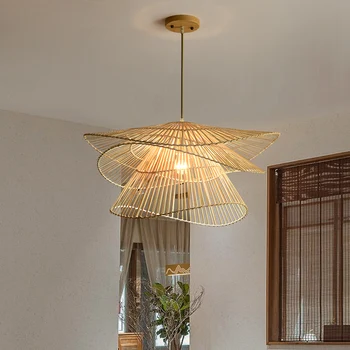 Современные креативные светодиодные бамбуковые плетеные из ротанга подвесные светильники Подвесной светильник для столовой, люстра для гостиной, лампа для домашнего декора 9