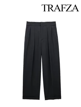 Женские повседневные широкие брюки TRAFZA, Черные плиссированные карманы со средней талией, пуговицы, молния, Осенние модные женские шикарные длинные брюки 17