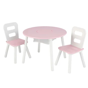 Деревянный детский круглый стол для хранения и набор из 2 стульев, розовый и белый 14