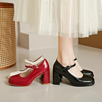 Женские туфли Marie Janes на весну 2024 года, элегантные массивные туфли-лодочки с пряжкой на ремне, офисная обувь для карьеры, Zapatos Mujer 4