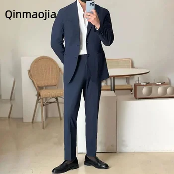 Красивый темно-синий повседневный мужской костюм Формальный деловой приталенный банкетный смокинг Комплект брюк из 2 предметов Костюм Мужская одежда