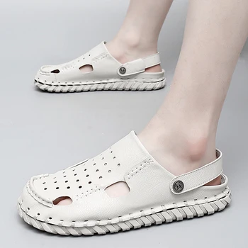 Летние кожаные сандалии роскошного бренда, нескользящая носимая мужская обувь, дышащие кожаные сандалии на мягкой подошве для пляжного отдыха, для мужчин 24