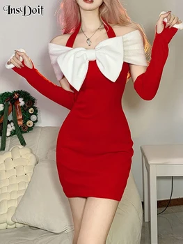 InsDoit Готическое Красное Рождественское платье в стиле пэчворк, эстетичный бант с открытыми плечами, холтер, манжеты, облегающие женские элегантные платья для вечеринок Y2k