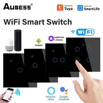 Wi-Fi Ес Выключатель нейтрального провода, настенная кнопка освещения, приложение для управления синхронизацией, умный сенсорный выключатель Tuya для Alexa и Home 10a 12
