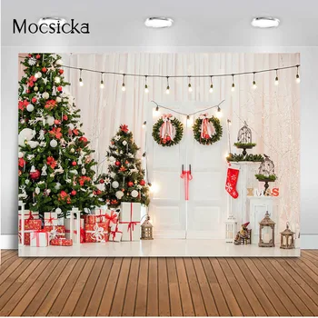 Рождественская елка, Детский портрет, Фон для фотосъемки, Белая дверь, Рождественские принадлежности для украшения гостиной, Баннер 1