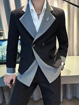 Новый дизайнерский мужской костюм, комплект из двух предметов, деловой повседневный костюм, модный комплект в тон, Элегантный костюм для мужчин, костюм с цветными блоками 4