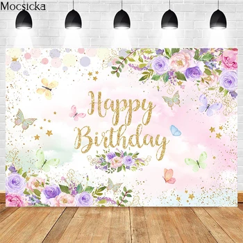 Фон для фотосъемки с Днем рождения, Розовая бабочка, цветочное украшение, фон для душа новорожденного, студийный реквизит для фотосъемки, баннер 5