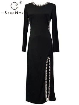 SEQINYY Элегантное вечернее платье черного цвета Миди с разрезом, расшитое бисером, Хай-Стрит, Весна-осень, Новый модный дизайн, Женская взлетно-посадочная полоса, выдалбливают 24