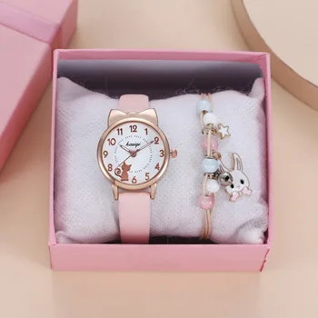 детские часы, модные детские часы для девочек, розовые кожаные студенческие часы для девочек, кварцевые часы с цифровым циферблатом в виде кошки, подарочные часы для девочек 18