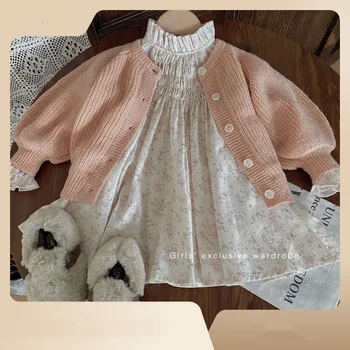 Корейский весенне-осенний комплект одежды из 2 предметов для маленьких девочек; однотонный вязаный кардиган; свитер с цветочным принтом; Платье с длинными рукавами для маленьких девочек 4