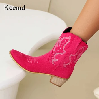 Kcenid/ Новые женские винтажные ботильоны в западном стиле, модные ковбойские сапоги на толстом каблуке с вышивкой, осенне-зимняя женская обувь 9