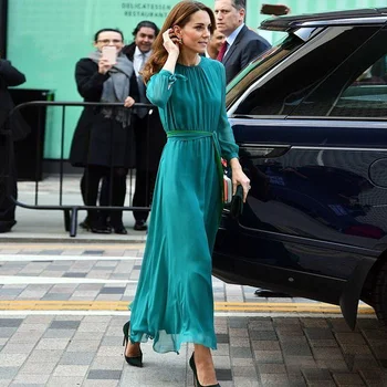 Длинное платье принцессы Кейт Миддлтон 6XL, весеннее офисное платье чистого цвета с поясом, Элегантное длинное зеленое платье высокого качества 22