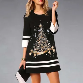 Женское платье с рождественским принтом 2023, осень-зима, рукав 3/4, подходящие по цвету повседневные мини-платья трапециевидной формы с круглым вырезом, черные платья  25