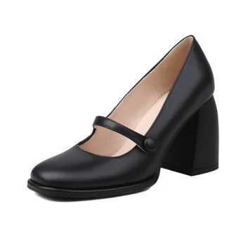 Женская обувь Mary Jane На высоком каблуке с мелким вырезом и круглым носком, однотонные женские туфли-лодочки с пряжкой на толстом каблуке 9
