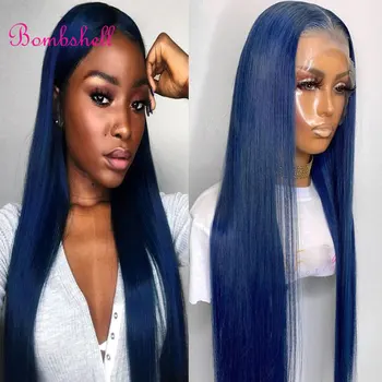 Потрясающие Темно-синие Прямые синтетические волосы 13X4 на кружеве, парики с выщипыванием по линии роста волос, высококачественное Термостойкое волокно для женщин 8