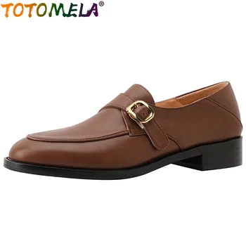 TOTOMELA /2023/ Новые Лоферы, женская обувь из натуральной кожи, слипоны в британском стиле, туфли на среднем квадратном каблуке, офисные женские туфли-лодочки на платформе 8