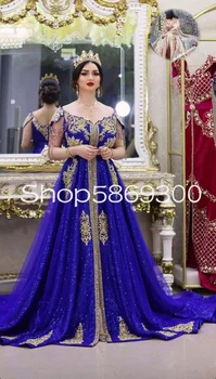 Королевская синяя блузка oranaise algérien Melhfa Платья для выпускного вечера с рукавом-кепкой и золотой аппликацией с кисточками Вечернее платье Наряд