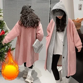 2023 Зима, новый свитер для девочек, осенне-зимняя утепленная Корейская шуба из искусственного меха с капюшоном из двух частей 10