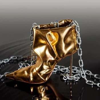 Ботильоны на металлическом каблуке-шпильке С острым носком, Блестящие Кожаные Плиссированные короткие ботинки без застежки, Новая дизайнерская женская сексуальная обувь для вечеринки, золото 9