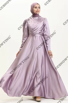 Мусульманское вечернее платье из атласа и бисера с длинным рукавом и высоким вырезом, Исламские вечерние платья, Арабский Дубайский женский вечерний халат A Line 2