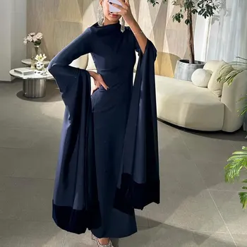 Вечернее платье с длинным рукавом и высоким вырезом с разрезом по бокам Женское вечернее платье из Саудовской Аравии Простое атласное платье длиной до пола в Дубае Vestidos De Gala 6