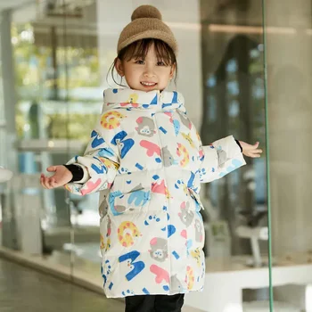 Зимняя куртка-пуховик для мальчиков 1-8 лет с капюшоном, модный мультяшный принт, плюс плотная одежда для девочек, пальто, Детская повседневная теплая верхняя одежда TZ560