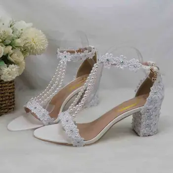 2023 новое поступление BaoYaFang, модные белые жемчужные босоножки с милым белым кружевом и цветком, туфли для подружки невесты с пряжкой, туфли с ремешком на щиколотке. 8