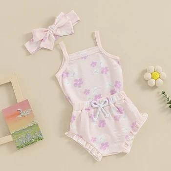 Летняя одежда для новорожденной девочки из 3 предметов, комбинезон без рукавов с цветочным рисунком, короткий эластичный пояс с милой повязкой на голову. 4