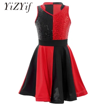 YiZYiF/ Детское Балетное платье для девочек с лирическим рисунком без рукавов, V-образный вырез, блестки, одежда для джазовых танцев, танцевальный костюм для выступлений на сцене для девочек